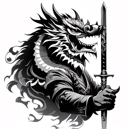 Japanese dragon, oni mask, Japanese warrior wielding a sword tattoo design idea