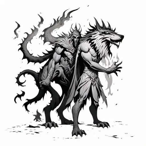 Hades in the burning underworld with Cerbero protecting his back tattoo design idea