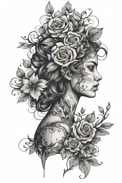 Woman's Head: A detailed and expressive face, showcasing emotions that resonate with your mental health journey. Floral  tattoo design idea