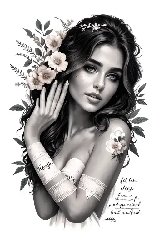 bandages with love heart, let yourself flourish and other quotes saying I am deep and flowers and woman posing tattoo design idea