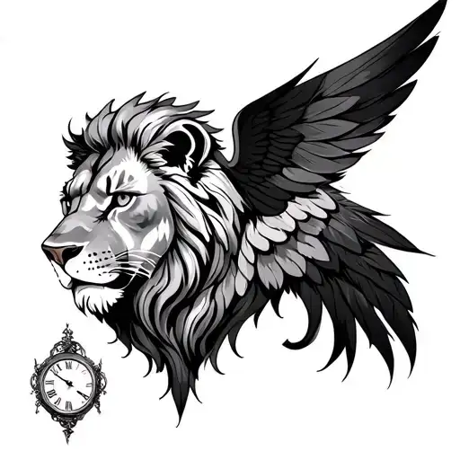 lion head, wing, feathers, clock, Roman numeral tattoo design idea