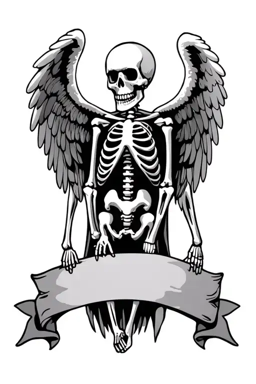 Skeleton with angel wings holding banner tattoo design idea