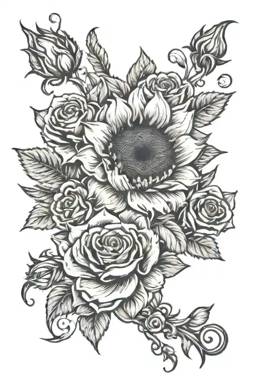 a sunflower and roses tied together and on fire coming tattoo design idea