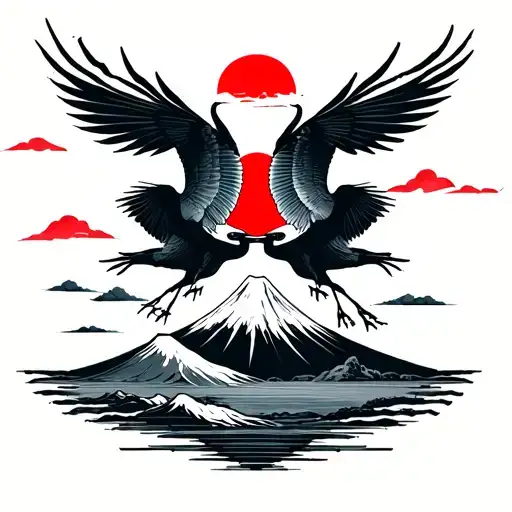 Rectangular framed Japanese-style tattoo for the tricep: two cranes facing each other above Mount Fuji, with a red sun o tattoo design idea