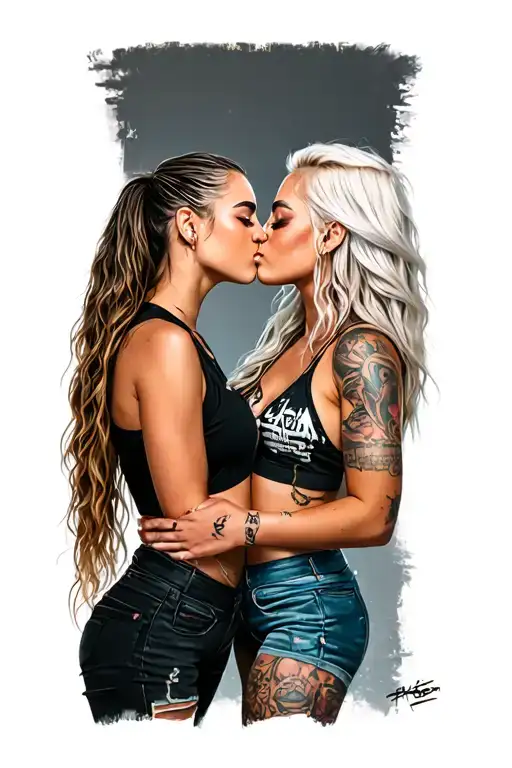 rhea ripley and Liv Morgan girls kissing each other tattoo design idea