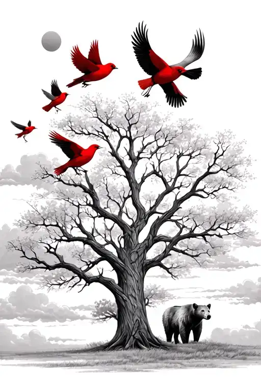 texas murelle tree,buck,bear,3 red birds in tree branch.2 red birds flying to sky cloudy background with sun shining  tattoo design idea