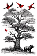 texas murelle tree,buck,bear,3 red birds in tree branch.2 red birds flying to sky cloudy background with sun shining  tattoo design idea