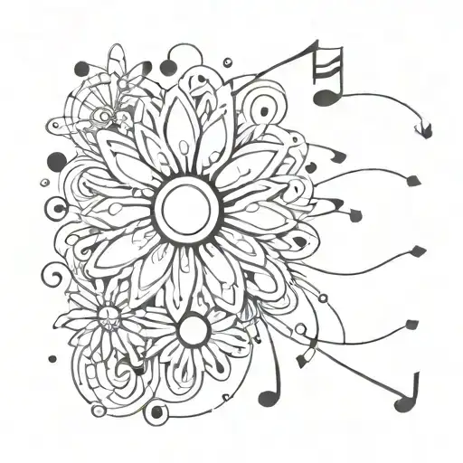 aires star sign, daisy, music notes floating tattoo design idea
