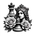 king and queen chess piece both showing clerly with carnation and rose flowers nearby  tattoo design idea