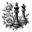 king and queen chess piece both showing clerly with carnation and rose flowers nearby  tattoo design idea