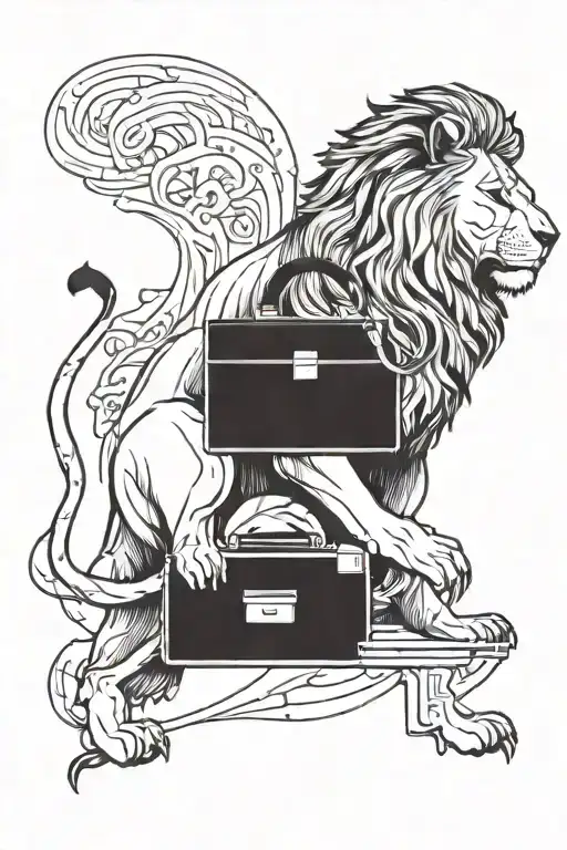 A minimalist tattoo of a lion holding a briefcase, symbolizing power and business success tattoo design idea