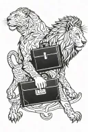 A minimalist tattoo of a lion holding a briefcase, symbolizing power and business success tattoo design idea
