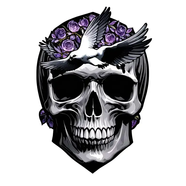 Skull and Doves tombstone amethyst tattoo design idea