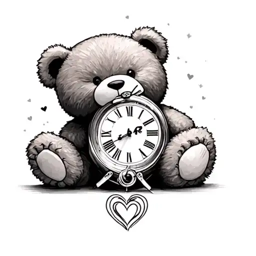 throat/neck tattoo ; Roman analog reading 3:30am clock, teddy bear. Date reading 8/6/24, love heart, all grey wash tattoo design idea