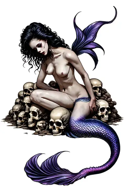 evil mermaid with one tail topless sitting on a pile of skulls tattoo design idea