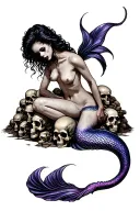 evil mermaid with one tail topless sitting on a pile of skulls tattoo design idea