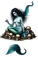 evil mermaid with one tail topless sitting on a pile of skulls tattoo design idea