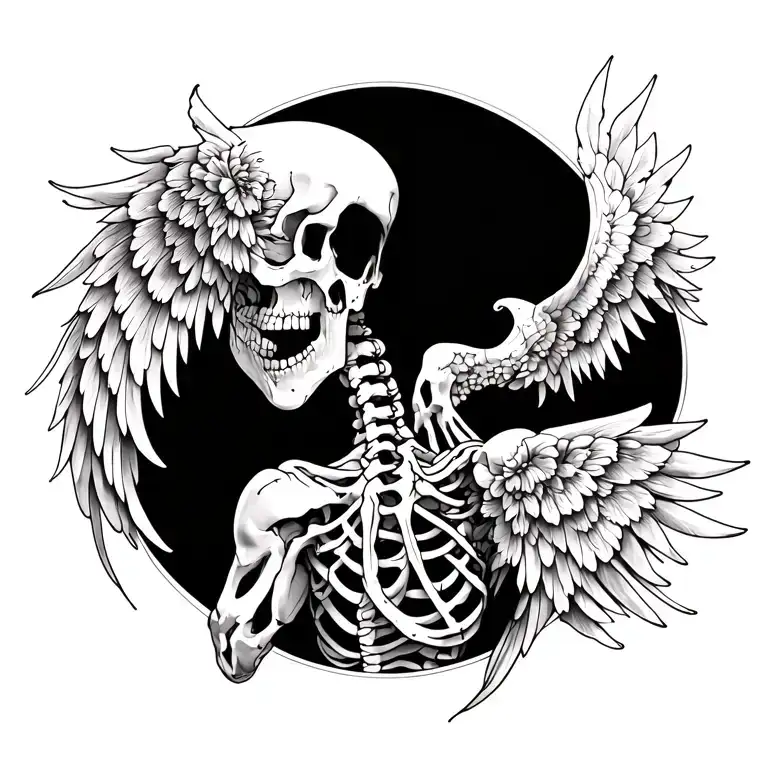 A stunning full upper-back piece featuring skeletal wings that symbolize overcoming pain tattoo design idea