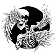 A stunning full upper-back piece featuring skeletal wings that symbolize overcoming pain tattoo design idea