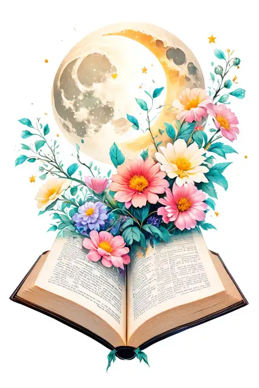 Open Book with flowers and moon tattoo design idea