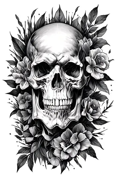 Full black and white tattoo sleeve, realistic style, starting from the shoulder down to mid-forearm. At the top, a deta tattoo design idea