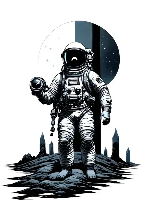 character half diver half astronaut with the pillars of creation in the background tattoo design idea