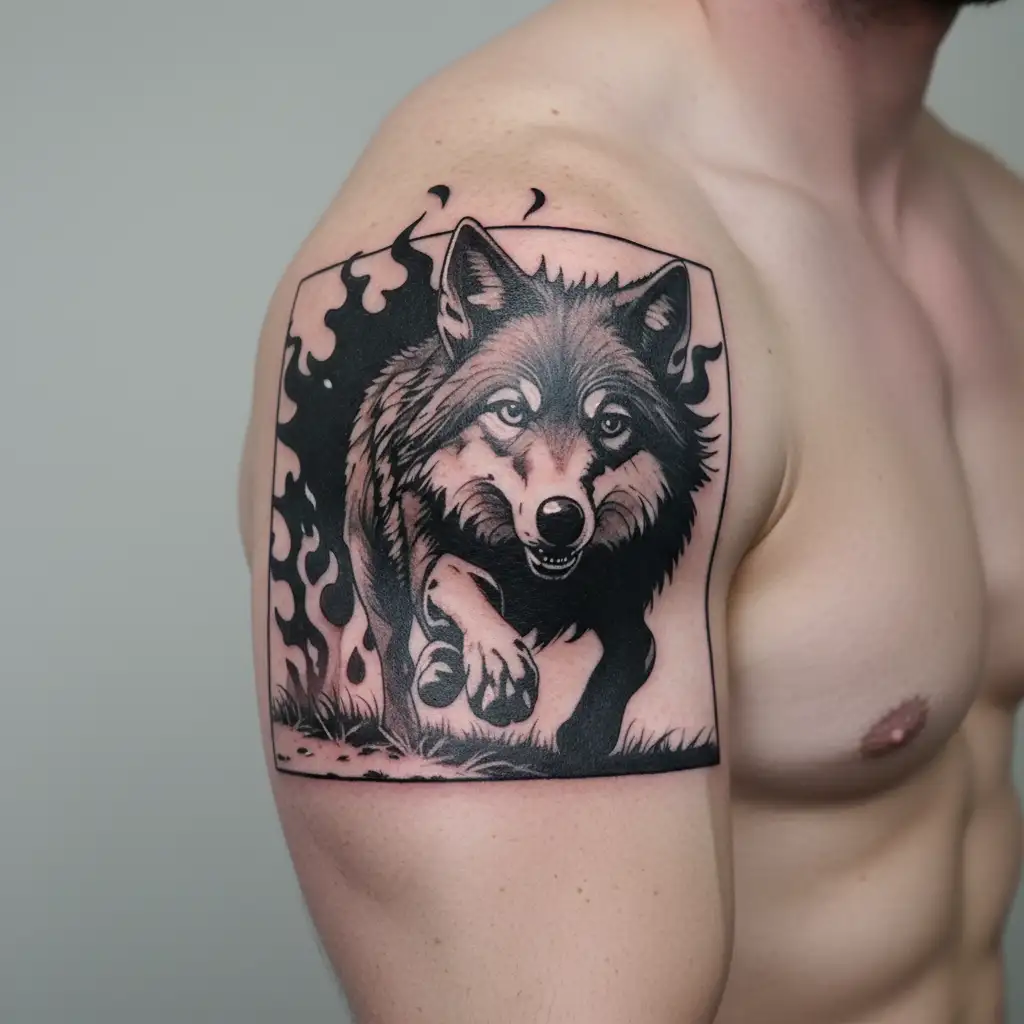 coyote running through a prairie fire tattoo design idea