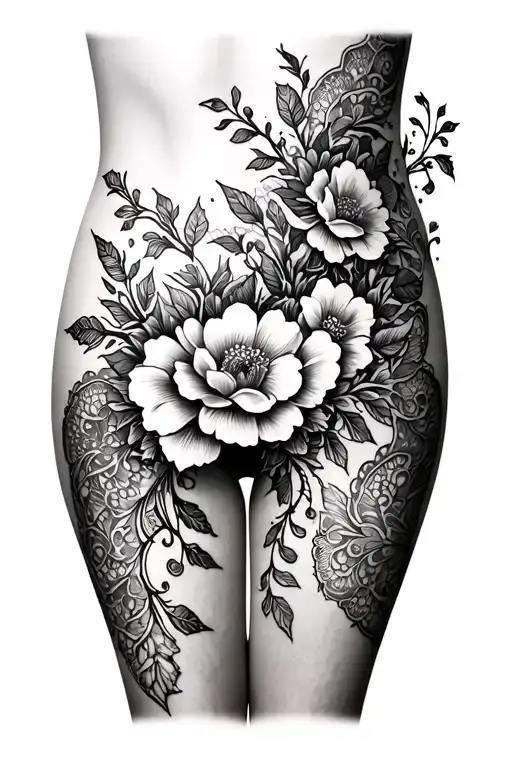 outside upper thigh tatoo with flowers and vines and leaves with lace effect going from large at top to smaller down the tattoo design idea
