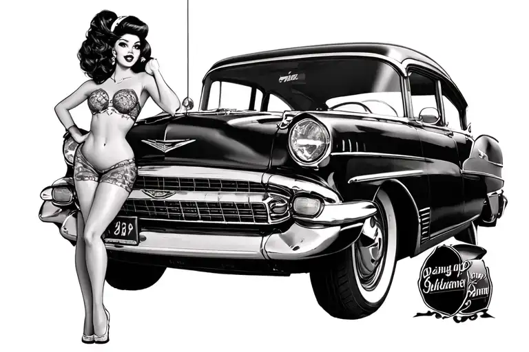 old school bel air car with chola pin up girl tattoo design idea
