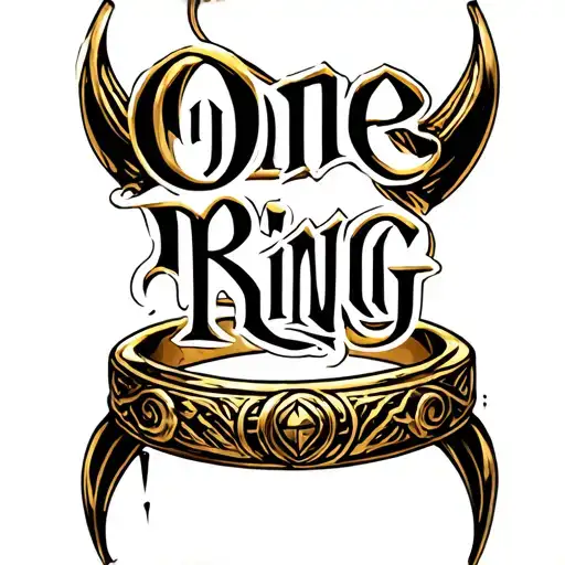 The phrase on the ring "One Ring" from the "Lord of the Rings" franchise in gold colors and black details tattoo design idea