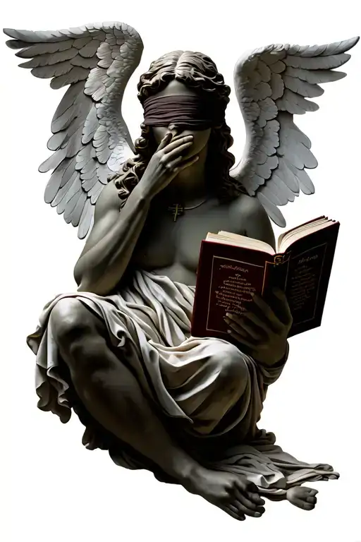 A blindfolded Christian angel holding a book while shushing tattoo design idea