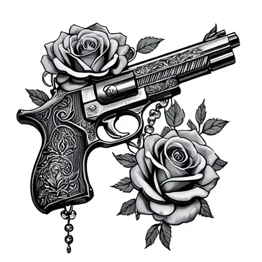 roses gun rosary tattoo design idea