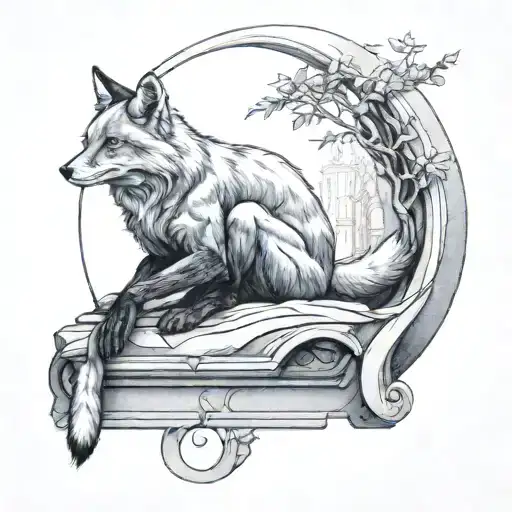 A man sitting on a stone in a relaxed pose with a fox resting on his legs, framed by an arched structure. The arch featu tattoo design idea