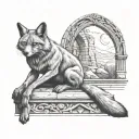 A man sitting on a stone in a relaxed pose with a fox resting on his legs, framed by an arched structure. The arch featu tattoo design idea
