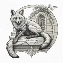 A man sitting on a stone in a relaxed pose with a fox resting on his legs, framed by an arched structure. The arch featu tattoo design idea