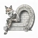 A man sitting on a stone in a relaxed pose with a fox resting on his legs, framed by an arched structure. The arch featu tattoo design idea