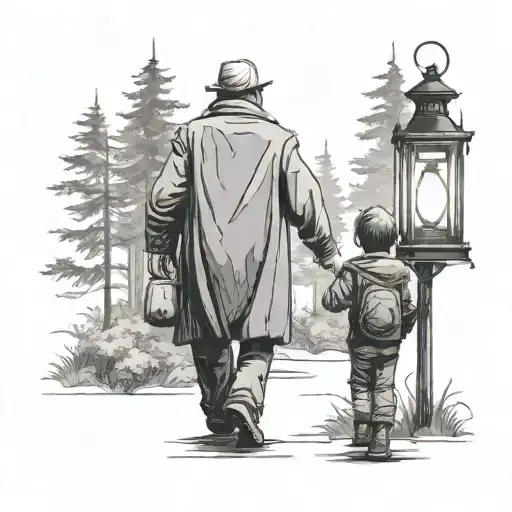 Grandfather and child walking into a thick forest, while grandfather is holding a lantern, shown from the back tattoo design idea