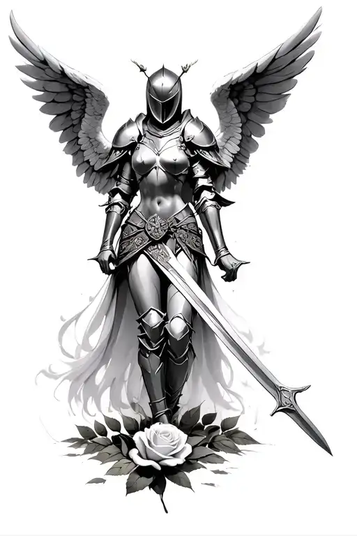 armor angel full body and masked helmet body with sword with wings over a rose in  the ground  tattoo design idea