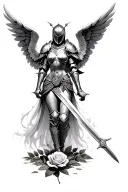 armor angel full body and masked helmet body with sword with wings over a rose in  the ground  tattoo design idea