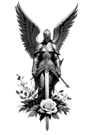 armor angel full body and masked helmet body with sword with wings over a rose in  the ground  tattoo design idea
