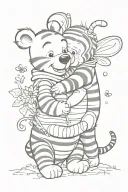 winnie the pooh and tigger hugging side by side with baby blue dragonflys and ladybugs with dotted lines behind them tattoo design idea