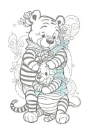 winnie the pooh and tigger hugging side by side with baby blue dragonflys and ladybugs with dotted lines behind them tattoo design idea