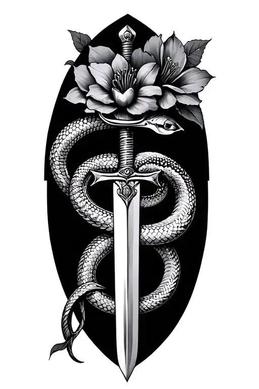 belladonna and snake wrapping around arm and sword tattoo design idea