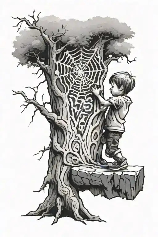 a little boy looking a big tree that has a carving saying "love hurts" with spider webs surrounding it tattoo design idea