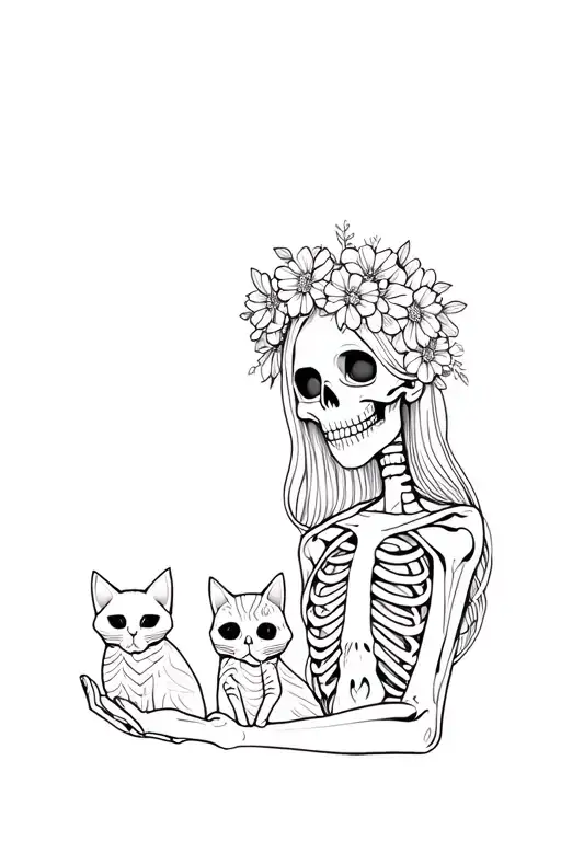 A female skeleton wearing flower crown with two cats in her hands tattoo design idea