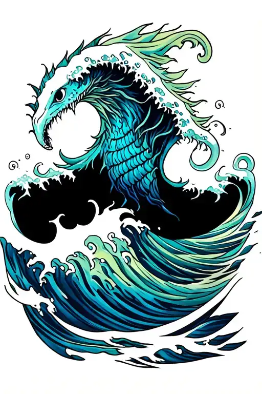Ocean wave sea monsters colorful tattoo design idea