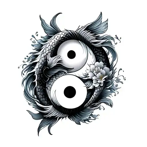 koi fish yin yang symbol with waves, blossoms and dragon  tattoo design idea