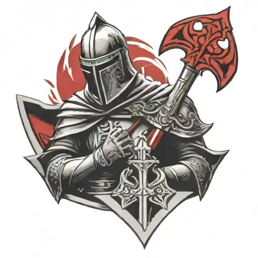 one Knight Templar black and white with a cross red and war background tattoo design idea