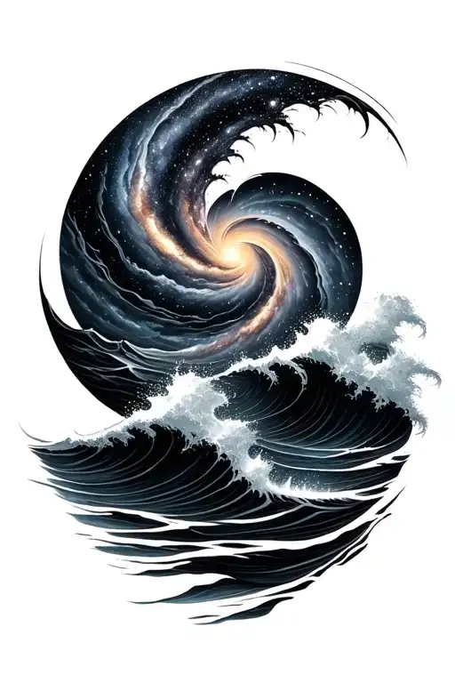 Black and grey sleeve: spiral galaxy above ocean waves, smooth transition, elegant and dark realism. tattoo design idea