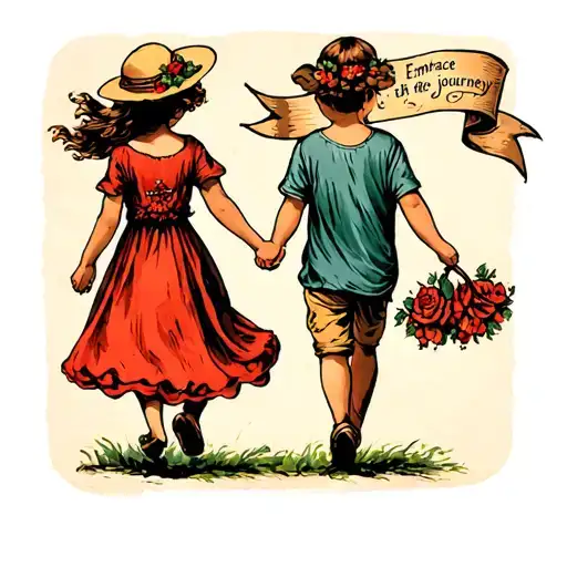 2 daughter and one son, holding hands while walking away, with a banner "embrace the journey" tattoo design idea